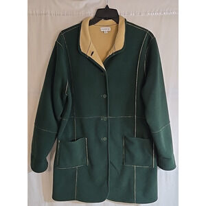 Susan Graver Reversible Fleece Coat Women's XL Green Tan Weekend Button 3/4 Long